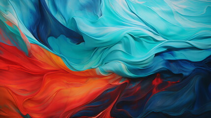 Colorful Painting of Liquid Flowing, Inspired by Flowing Fabrics in Dark Turquoise and Light Red, Realistic Color Palette