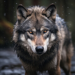 Fototapeta premium A dominant alpha wolf, showcasing its powerful rule and unstoppable dignity created with Generative Ai