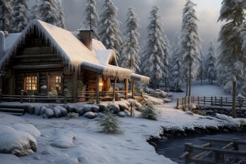 Picturesque snowy scene, traditional wooden house amidst frosty nature, peaceful winter day, holiday getaway, digital artwork