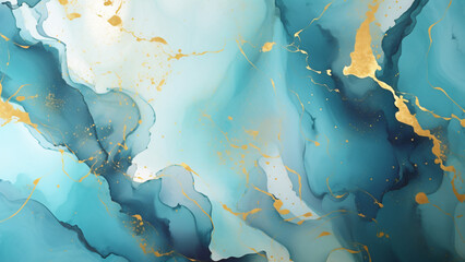Watercolor alcohol ink with dominant blue shades and accent gold colors in an abstract pattern. - obrazy, fototapety, plakaty