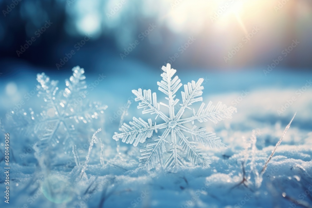 Poster close-up of intricate snowflake crystals on snowy backdrop. winter wonder and delicate frost pattern