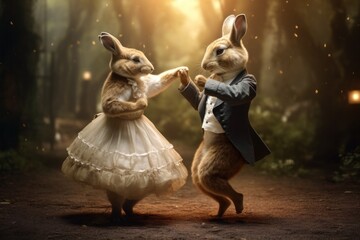 Costumed rabbits holding hands in a dance in mystical woods. Magical creatures and forest festivity. - obrazy, fototapety, plakaty