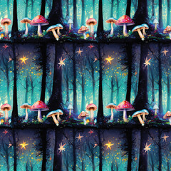 Pattern Fairytale mushrooms in a magical forest
