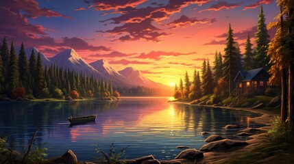 Vibrant sunset over calm lake surrounded by mountains and dense forest. Reflective waters with scenic beauty. Nature and tranquility.
