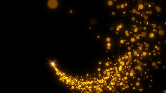 Golden particles shining stars dust bokeh glitter awards dust circle abstract background. Gold light circle with sparkles, magic glow 3d effect. Realistic golden shiny ring or swirl, round frame