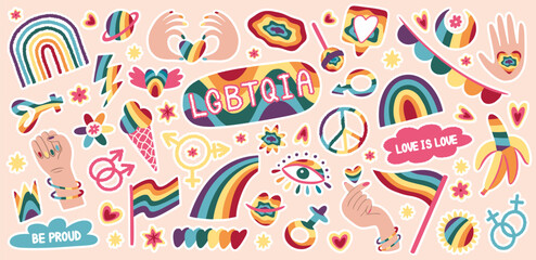 Pride icons. LGBT community. LGBTQIA rainbow. Gay and queer patch. LGBTQ and trans retro flag. People diversity. Raised hands fist. Hippie peace. Rights and freedom. Vector stickers set