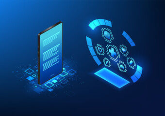 Healthcare technology. Smartphone. Medical icons on the side. Telemedicine via mobile phone allows patients to receive basic treatment from a doctor first.
