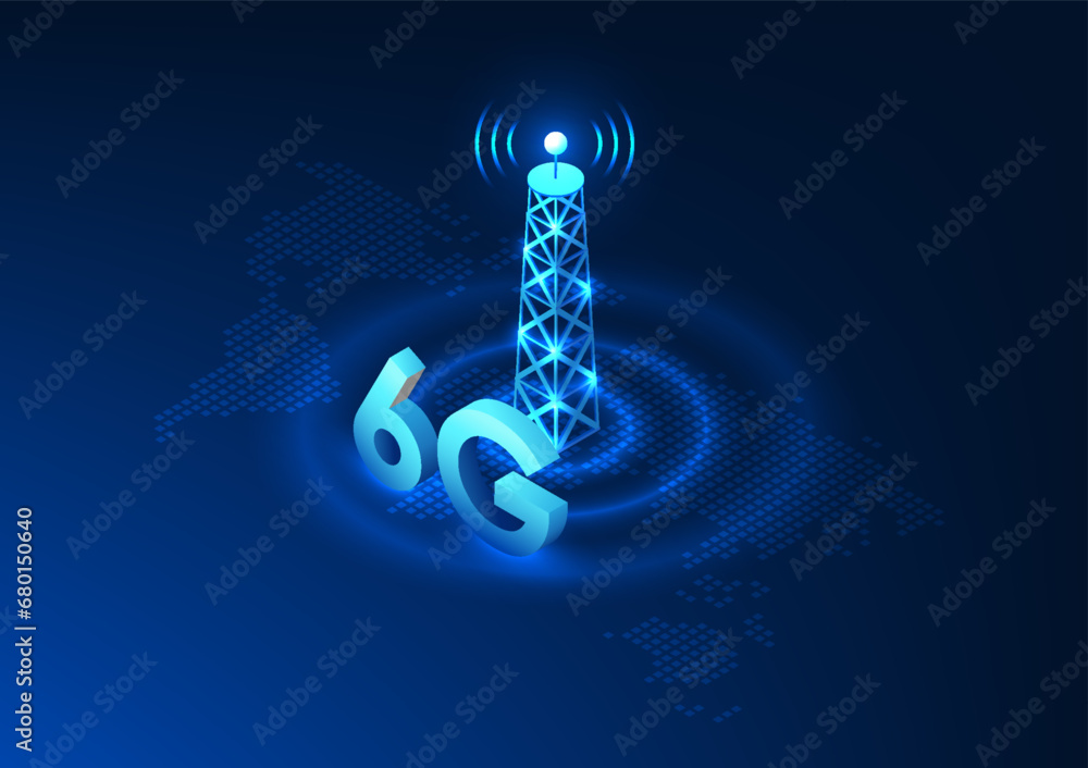 Poster telecommunication technology, signal tower set on world map with broadcast waves it represents the d