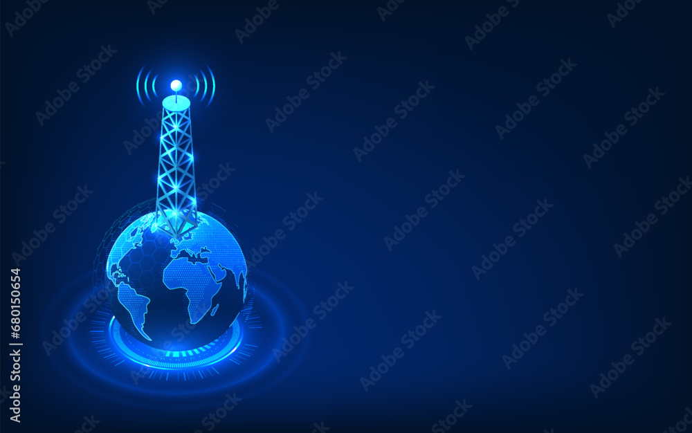 Poster telecommunication technology, signal tower set on the globe with technology circles it represents th