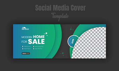 Modern, minimal and elegant home sale social media cover design template for real estate company with black background and green gradient color shape, abstract, professional and promotional web banner