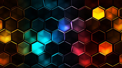 A colorful glowing honeycomb pattern grunge style on a black background. Colorful hexagon shapes.