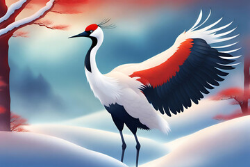 Winter landscape with a red-crowned crane. Generative AI