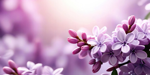 Beautiful spring natural background with flowers on a lilac branch close-up.