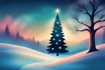 Winter landscape with christmas tree and snowdrifts. Generative AI