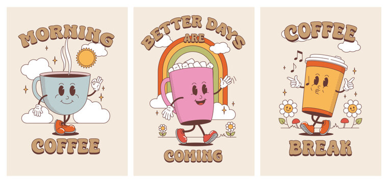 Retro coffee logo. Cup character with happy face. Vintage poster for breakfast. Cute mug mascot. Cartoon stickers. Hot caffeine drink glass. Clouds or rainbow. Vector posters design set