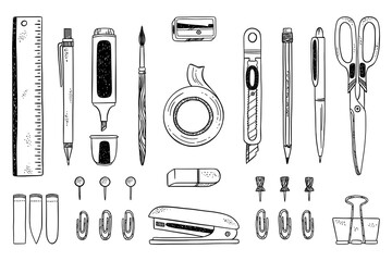 Doodle pencils. Hand drawn pen and pencil, sketch style school and office stationery tools, art brush, adhesive tape and scissors or highlighter marker. Line elements. Vector icons
