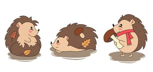 Set of cute funny little autumn hedgehog isolated on white background in cartoon style. Cute forest animals. Wild nature. For tags, stickers, patterns, banners. © Larisa
