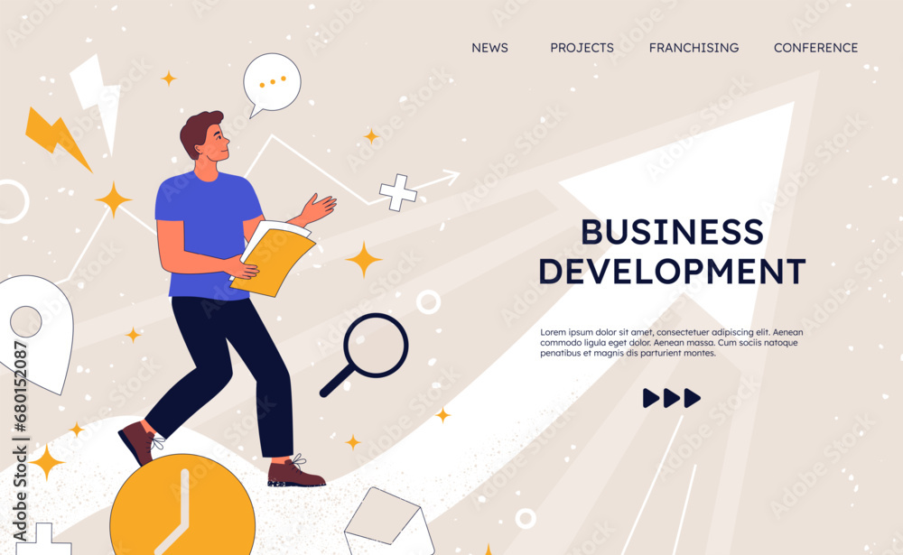 Poster business growth landing page. startup development. progress arrow. website design template. run to g