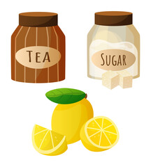 Kombucha cooking. Fermented tea preparation ingredients. Sugar glass jar. Vegan drink. Lemon pieces. Antioxidant lemonade. Citrus juice. Homemade organic beverage. Vector objects set