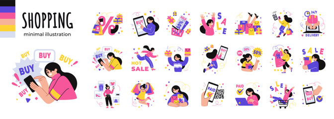 Shop icons. Shopping sale. People making purchases. Online commerce. Mobile discount. Business live store. Simple delivery symbols. Payment for order. Vector minimal illustrations set