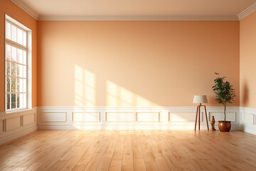 An empty room with a solid color background: beige, yellow and khaki as the main color tones, sunlight, shadows. Mockup, copy space.