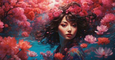 Psychedelic harmony portrayed in an image of a girl underwater, encircled by vibrant cherry blossoms