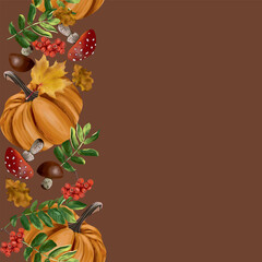 Pumpkins, autumn maple leaves, rowan berries, mushrooms. Vector vertical seamless border. Autumn sales, greeting cards, banners, flyers, invitations.