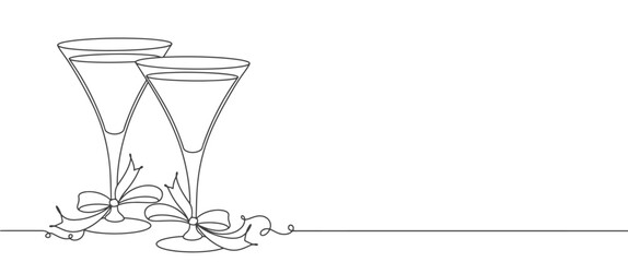 Vector line art drawing of two glasses of red wine. Minimalist linear concept of celebrate and cheering. Vector illustration