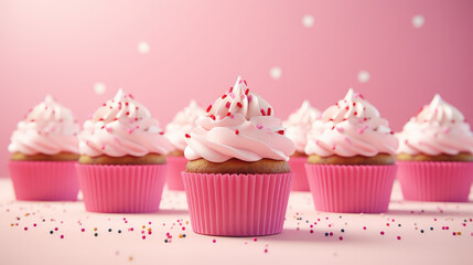 Delicious birthday pink cupcakes wallpaper. 3d render illustration style. Classic muffins with a swirl of whipped cream custard. Banner for pastry shop. - obrazy, fototapety, plakaty