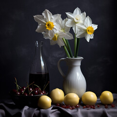 black cherries and daffodils, Sweet and cozy,minimal, modern,Directed photo, hd wallpapers , cinematography, color grading, editorial photography, photography created with Generative Ai