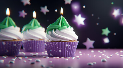 Delicious birthday cupcakes wallpaper. 3d render illustration style. Classic muffins with a swirl of whipped cream custard. Banner for pastry shop.