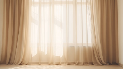 Empty room in beige tones. Light tulle, through which the light passes softly. Neutral interior for a calm background.