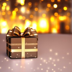 Brown gift box with golden ribbon and bow, elegant festive happy time to celebrate and party for new year's eve, Christmas, an anniversary, birthday or valentine's day, gold dust sparkling and lights