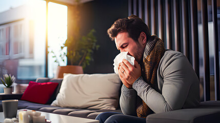 Young man sneezing into a tissue. Concept of colds in the winter.