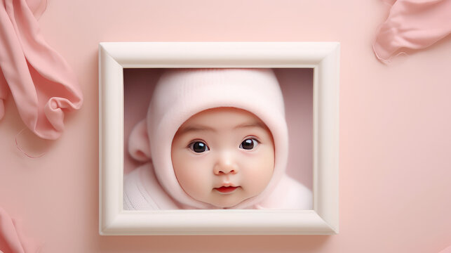 Portrait of a cute 3d baby in a photo frame. Pink Copy space for text, baby shower banner or card template.  