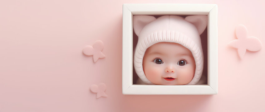 Portrait of a cute 3d baby in a photo frame. Copy space for text, baby shower banner or card template.  