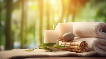 Towels on massage table in spa salon setup, close up spa component in wellness center Spa foot and hand massage compress balls, aromatherapy oil in a bamboo forest in a garden with light and Booker. - obrazy, fototapety, plakaty