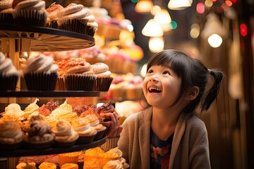 little asian girl in japan looks at a basket of assorted cupcakes - obrazy, fototapety, plakaty