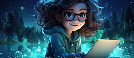 smart little girl with glasses is using a computer