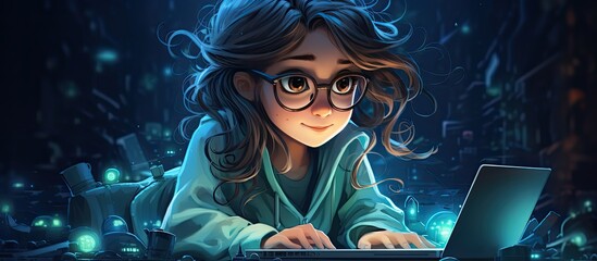 smart little girl with glasses is using a computer - obrazy, fototapety, plakaty