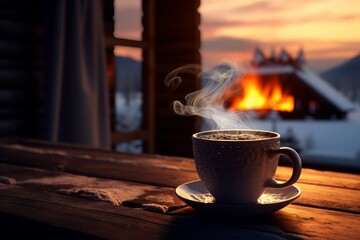 Cup of coffee on a table in the winter background. - obrazy, fototapety, plakaty