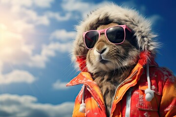 rabbit wearing sunglasses and a colorful coat