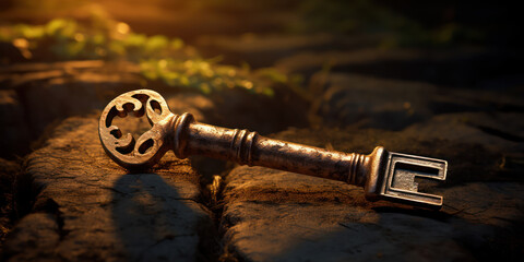 Rustic key highlighted in a beam of light - obrazy, fototapety, plakaty