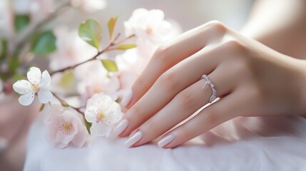 Naklejka premium Woman show beautiful nail after receive care service by professional Beautician Manicure at spa centre. Nail beauty salon use nail file for Glazing treatment. manicurist make nail to beautiful.