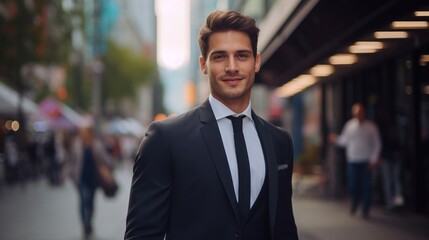 Fototapeta premium portrait of a handsome smiling Caucasian young businessman boss in a black suit walking on a city street to his company office. blurry street background, confident