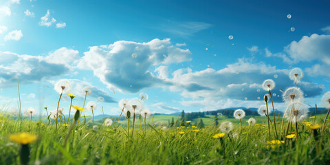 Dandelions sprinkled across a green meadow under a blue afternoon sky