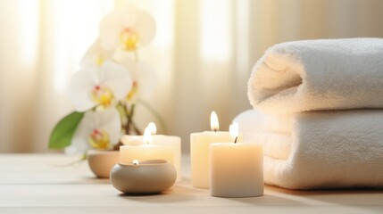 Beautiful spa treatment composition such as Towels, candles, essential oils, Massage Stones on light wooden background. blur living room, natural creams and moisturizing Healthy lifestyle, body care