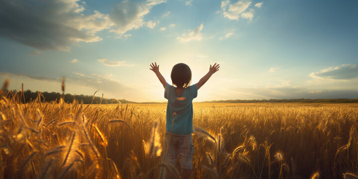 Child with arms uplifted, standing in an open field