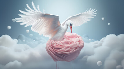 White stork, symbol of birth of a child. 3d render illustration style. Creative concept of motherhood and childhood, pastel colors. - obrazy, fototapety, plakaty