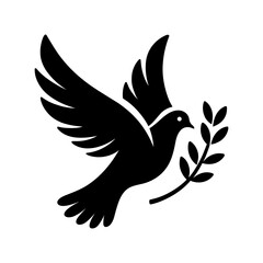 A dove in flight holds an olive branch in its beak. Religious symbol